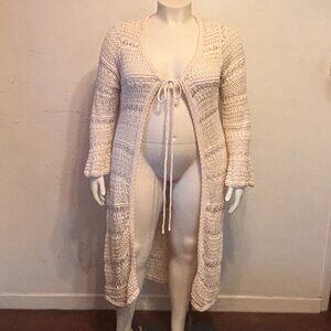 Plus Size 1X Cotton Bell Sleeve Duster Cardigan Open Knit w Striped Pattern NWOT